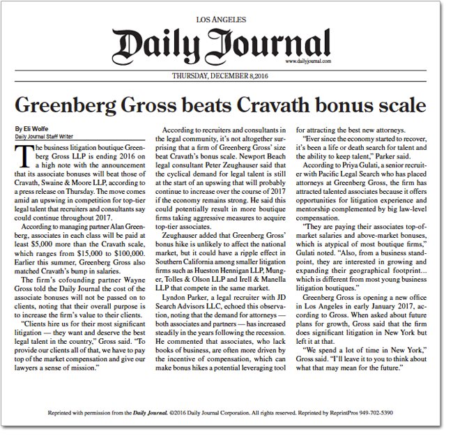 Daily Journal Greenberg Gross Beats Cravath Bonus Scale Greenberg
