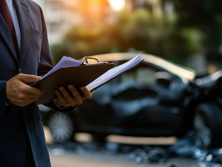 Investigator reviewing a car crash scene, related to Brooklyn-Queens Expressway (BQE) accident claims