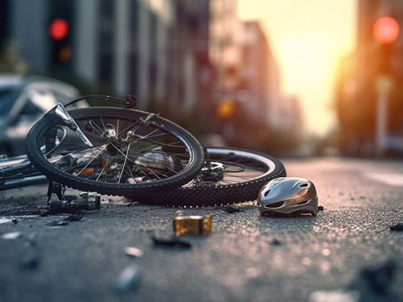 Urban street scene with a crashed bicycle and helmet lying on the road after a collision, illustrating serious New York City bicycle accident injuries and liability