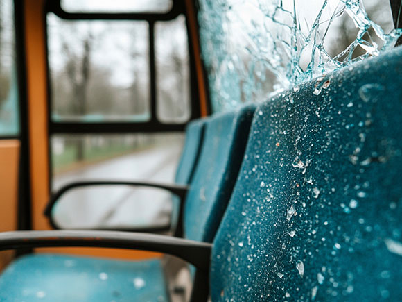 Interior of a city bus with a shattered window and damaged seat after a crash, highlighting serious injuries and damages in New York City bus accidents