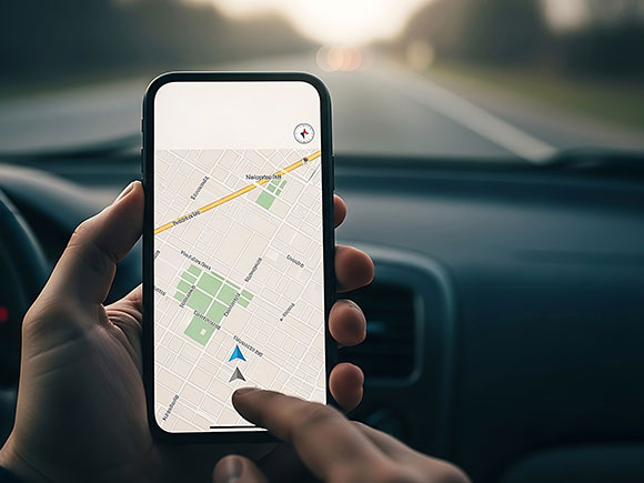 Driver holding a smartphone with a map navigation app while driving on a sunny day, illustrating rideshare app use and GPS distraction in New York City rideshare accidents