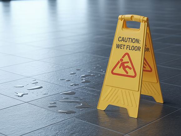 Bright yellow &ldquo;Caution Wet Floor&rdquo; sign on a dark tiled floor with water puddles, showing a common hazard in New York City slip and fall cases