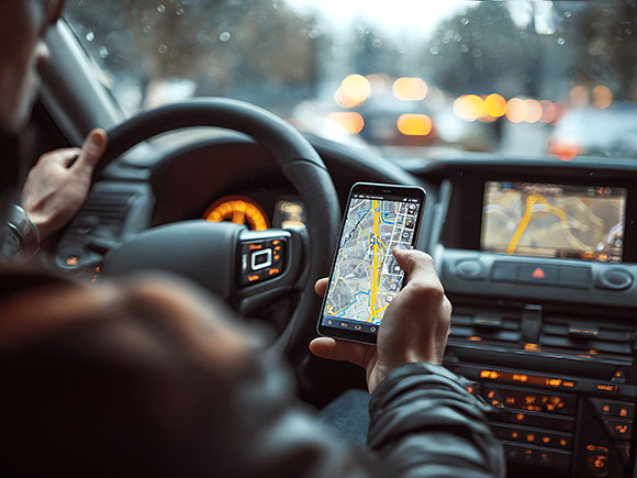 Driver navigating with a smartphone GPS in rainy city traffic with blurred bokeh lights, illustrating distracted driving risks in New York City Uber accidents