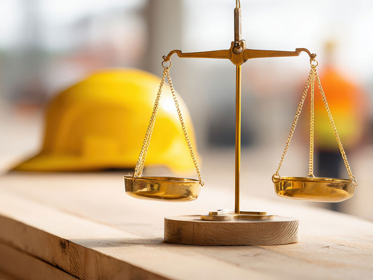 Scales of justice with a hard hat at a construction site, representing New York Labor Law 240 scaffold law claims