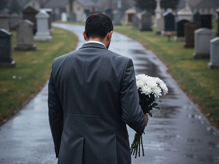 Grieving man walking through a rainy cemetery holding flowers, representing a New York wrongful death claim