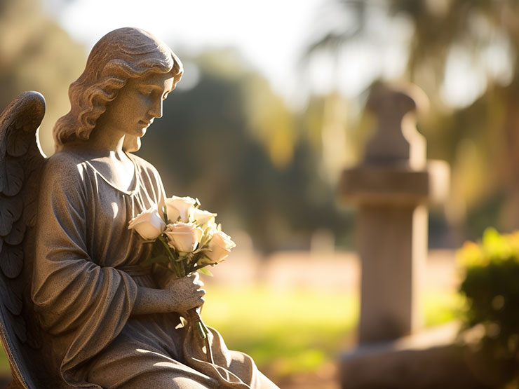 Angel statue with white roses in a cemetery, symbolizing loss and wrongful death claims in New York