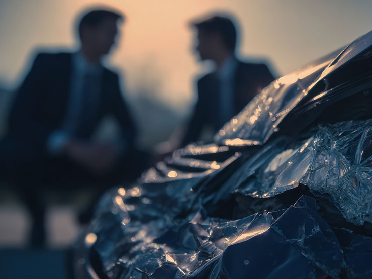 Two men reviewing a severely damaged car after a crash, representing investigation and claims after NYC intersection accidents