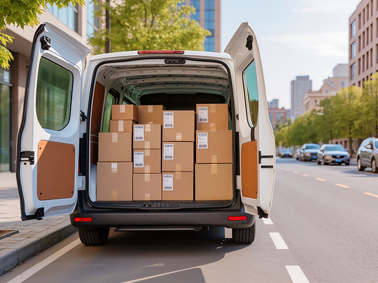 Delivery van parked on a city street with open doors and stacked boxes, illustrating NYC last-mile delivery accident claims