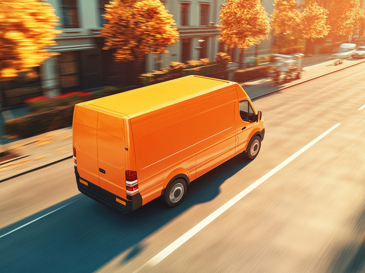 Delivery-style van driving down a city street, representing last-mile delivery traffic in NYC