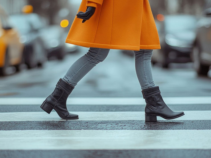 Woman crossing a city street, representing pedestrian injury risks and jaywalking accident claims in NYC